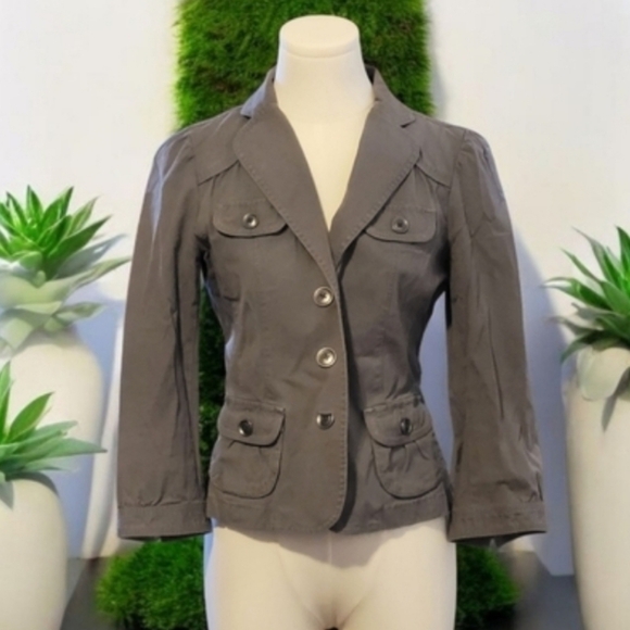 Ann Taylor LOFT Vintage Gray Puff Sleeve Tailored Pocketed Jacket Size XS - Picture 1 of 11